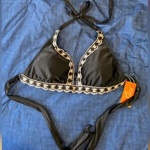 Kona Sol Bikini Top Womens Small Black Lace Embroidery Swim Neck Tie NEW
